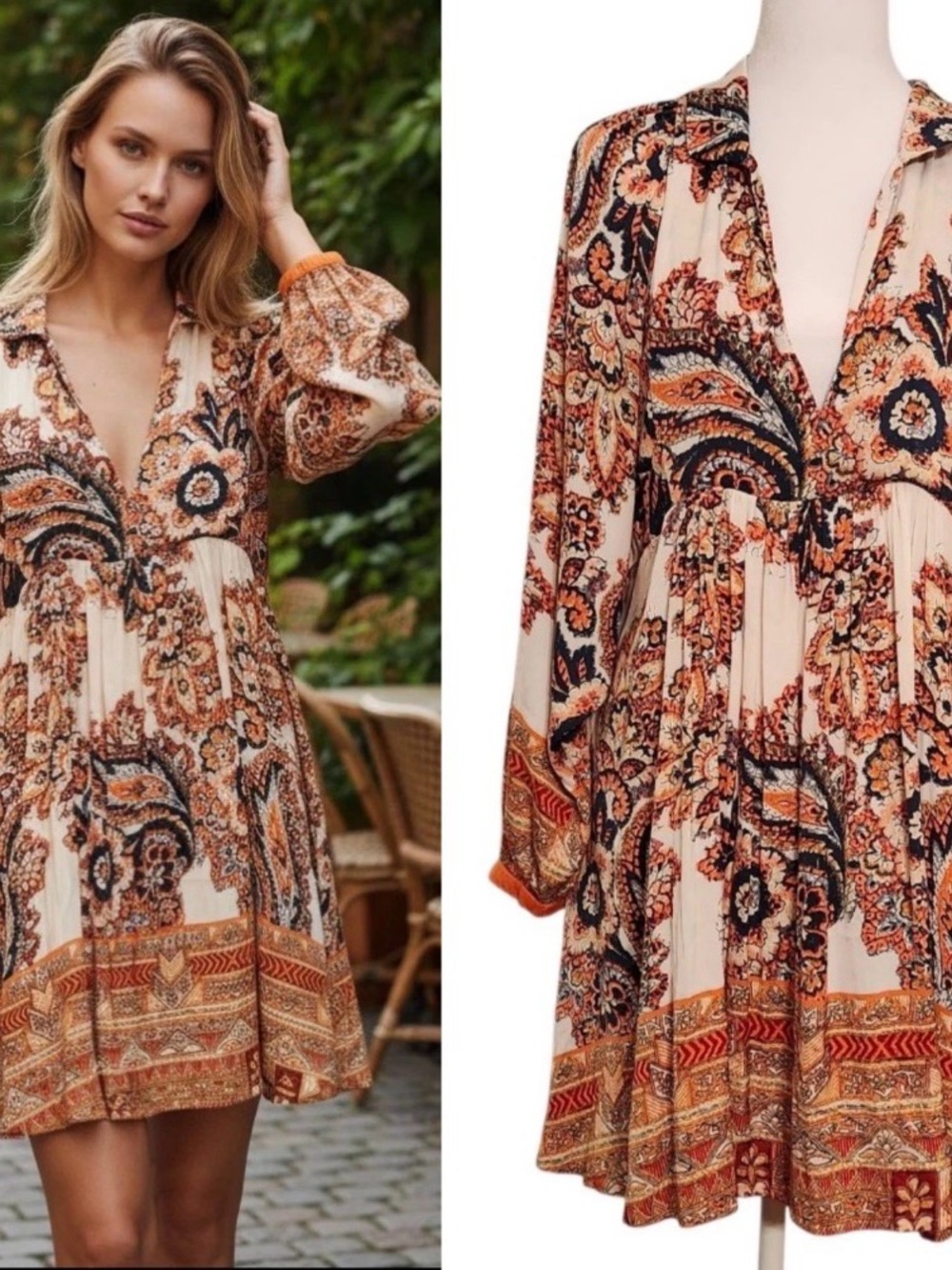 Free People Paisley Boho Long-Sleeve V-Neck Swing Dress Size Small